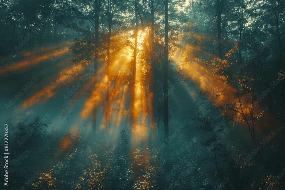 Sunlight illuminates the mist in a dense forest, casting stunning rays and creating a mystical atmosphere