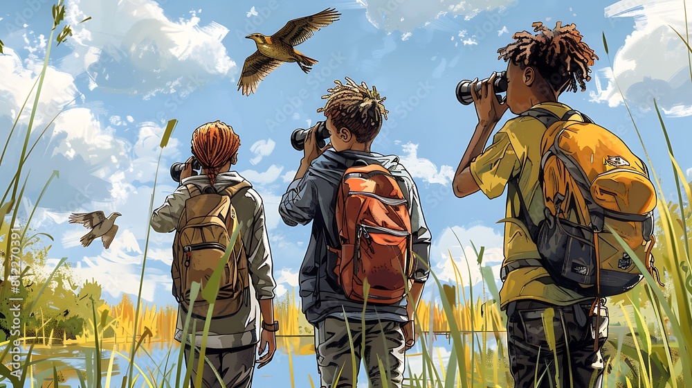 Three children are looking at birds through binoculars