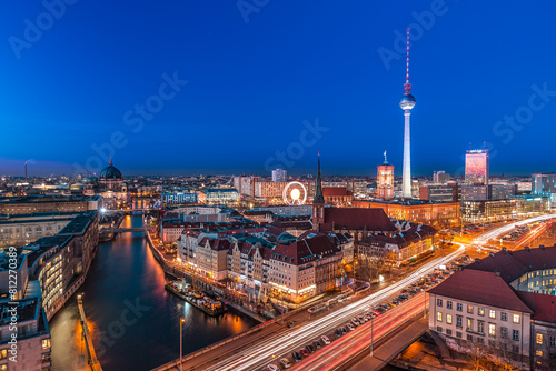 Canvas Print Berlin Skyline at Night, Illuminated Landmarks and Vibrant City Lights