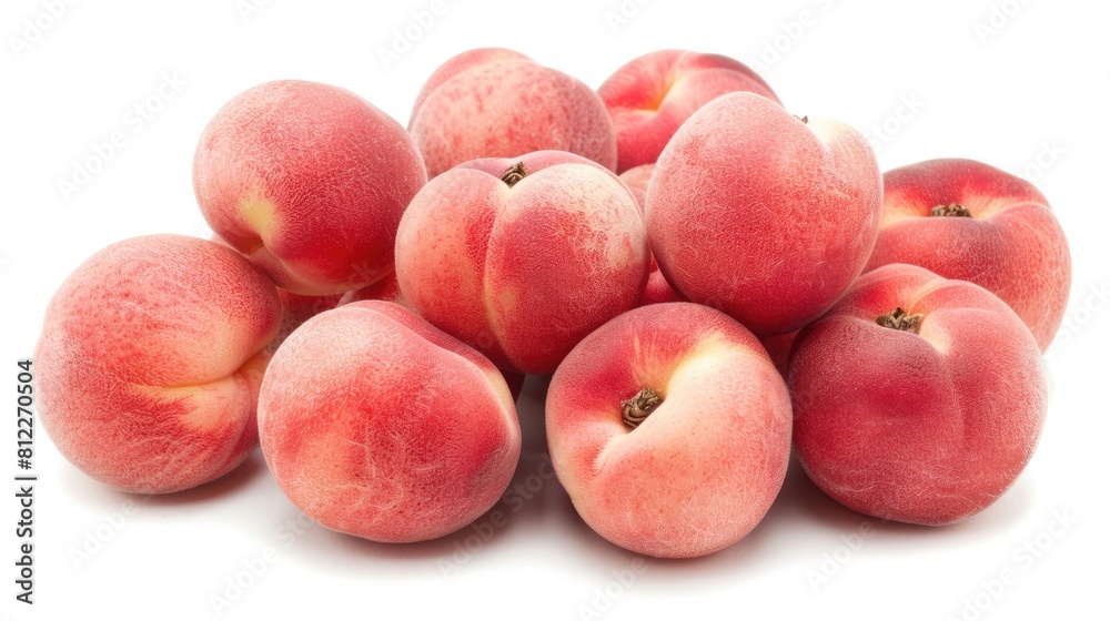 Doughnut peaches also known as Paraguayos Saturn Peaches or Chinese Flat Peaches stand out against a white background Doughnut peaches also known as Paraguayos Saturn Peaches or Chinese Flat Peaches stand out against a white background