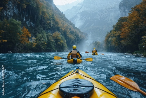 Two kayakers in yellow gear navigate a serene blue river surrounded by grand autumn-hued mountains and mist © Larisa AI