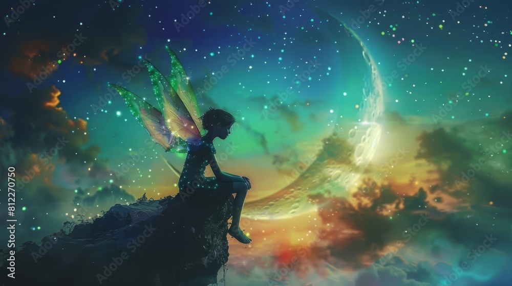 A fairy sitting on the edge of a crescent moon, painting the sky with glowing auroralike colors A fairy sitting on the edge of a crescent moon, painting the sky with glowing auroralike colors