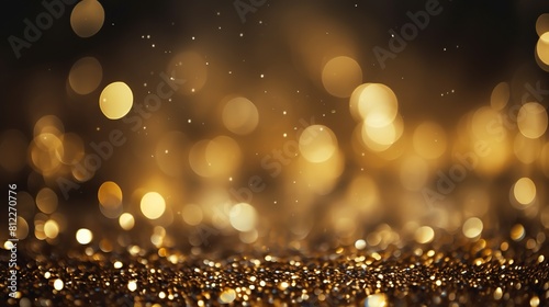 Shimmering gold glitter on rustic wood with soft bokeh lights, Elegant golden sparkle on wooden surface with blurred lights.