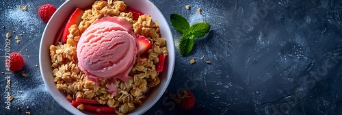 Strawberry rhubarb crisp with vanilla bean ice cream, top view horizontal food banner with copy space © Food Cart
