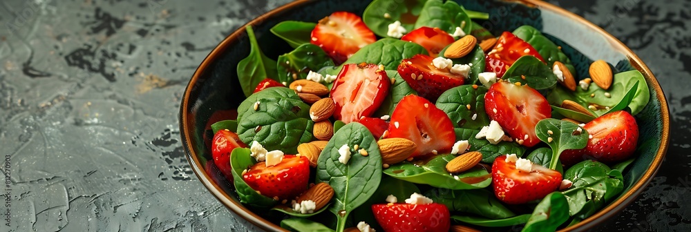 Strawberry spinach salad with feta and almonds, top view horizontal food banner with copy space