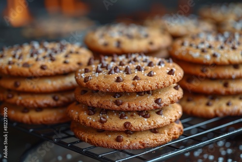 A towering stack of freshly baked chocolate chip cookies sits on a cooling rack, with detailed textures visible