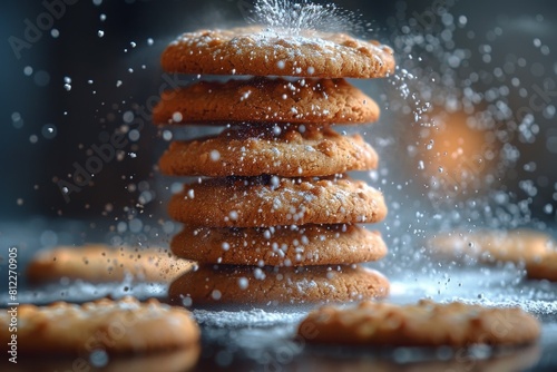 A close-up image capturing the moment sugar sprinkles onto a stack of homemade cookies, creating a sense of freshness