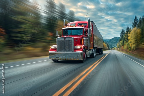 A red semi truck with motion blur effect moves swiftly on a forest-lined highway, eluding rapid transport and efficiency