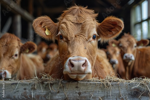 A close-up shot of a brown cow's face looking over a fence with a curious expression, surrounded by other cows
