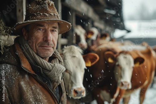 A man wearing a winter hat and coat stands closely with cows during snowfall, evoking a sense of rural life and companionship