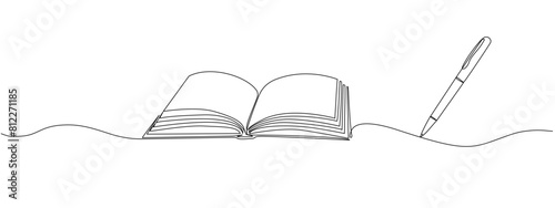 Simple linear illustration of open book and pen. Education Concept. Continuous linear vector illustration with editable strokes.