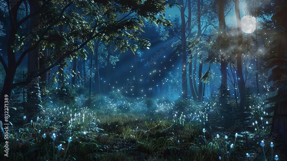 A forest clearing bathed in moonlight, with feathers glowing in the underbrush like magical fireflies