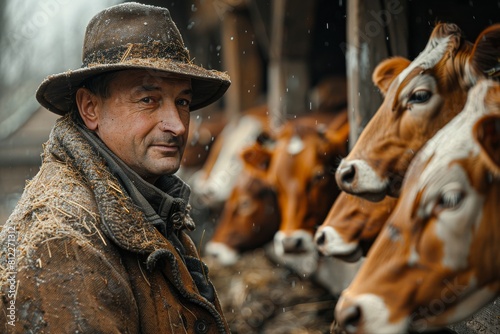 A serene looking farmer wearing a weathered hat among cows in a rustic barn environment © Larisa AI