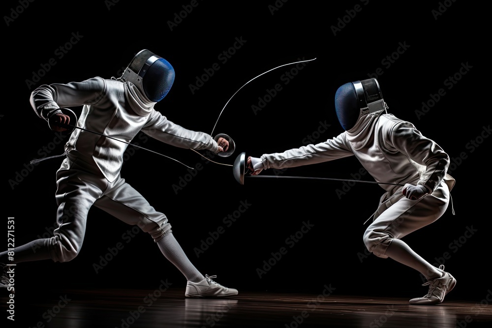 Intense fencing sword match on a black background, sword between two fencers in action.
