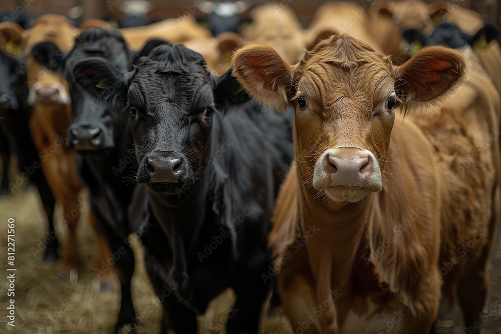A group of black and brown cows with ear tags in a barn, staring directly at the camera with interest A group of black and brown cows with ear tags in a barn, staring directly at the camera with interest