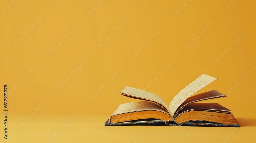 Open book on plain orange background with pages mid-turn Open book on plain orange background with pages mid-turn