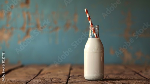 Glass bottle of milk with striped straw on wooden surface against blue background photo