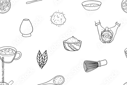 Seamless pattern of matcha tea theme elements in doodle style. Matcha powder, Matcha Measuring Spoon, bamboo whisk, japanese tea, matcha latte, cup in hands. Cute vector hand drawn illustration EPS10