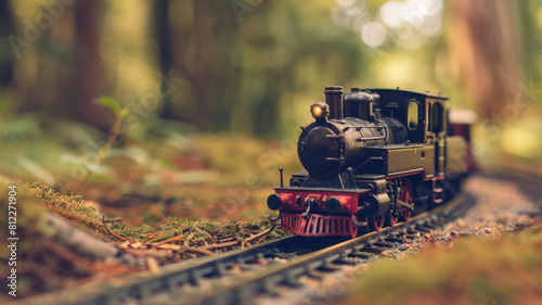 Miniature steam locomotive on model tracks in forest setting with headlight illuminated photo