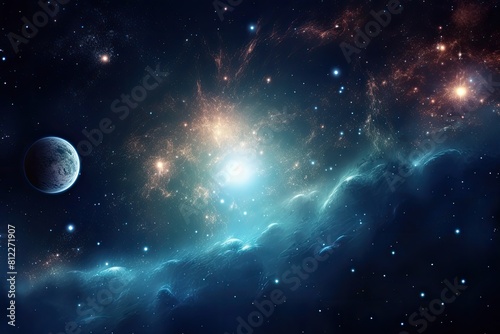 A stunning space background featuring a colorful nebula and twinkling stars.