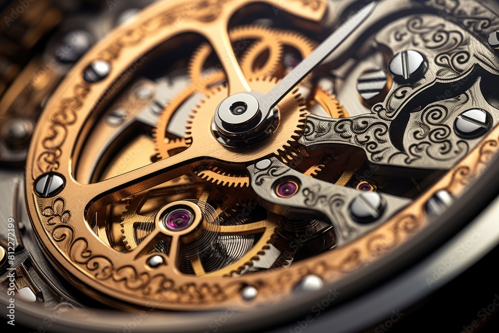 Intricate gears of a close-up watch, Intricate gears of a close-up watch.