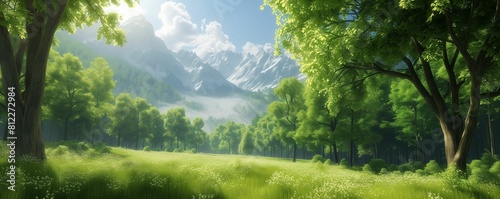 Green Field With Trees and Mountains