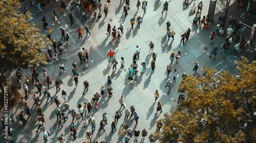 Aerial View of a Crowd Walking in a City