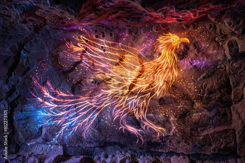 A phoenix painted in glowing colors on a cave wall  surrounded by ancient flames carved into the rock