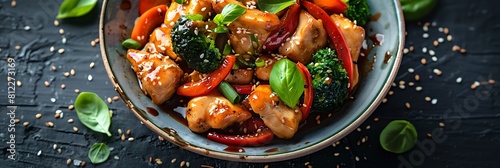 Teriyaki chicken with stir-fried vegetables, fresh food banner, top view with copy space photo