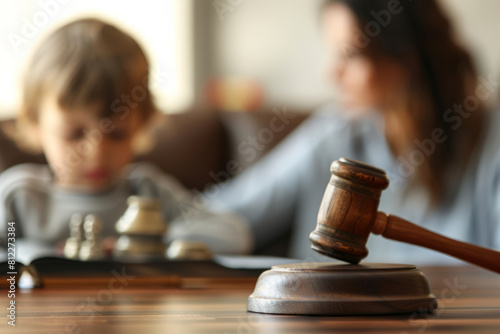 Close up of a legal judges hammer with a blurred child in the background. Child custody concept photo