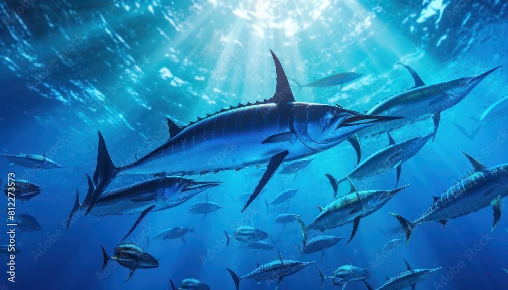 Fototapeta premium Giant Marlin fish in the ocean, beautiful view of marlin fish in the blue ocean