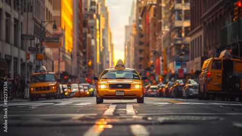 Taxi Cab Driving Through City Street at Sunset