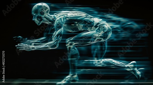 Conceptualize a cyborg athlete in motion, its mechanical limbs blurred with speed, set against a black backdrop with space for text photo