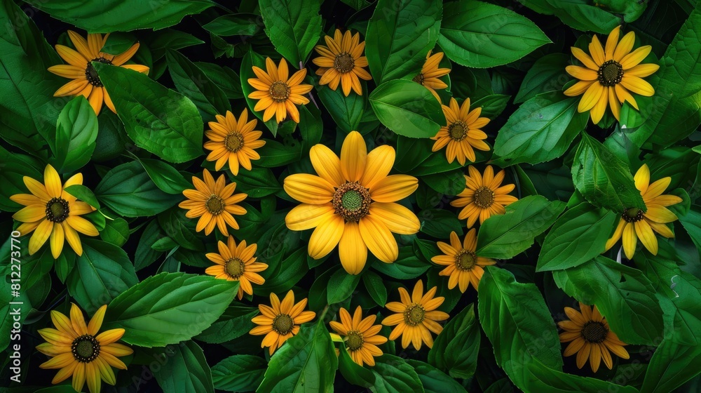 A stunning mandala crafted from vibrant yellow flowers and lush green leaves forming a unique and beautiful floral kaleidoscope backdrop reminiscent of the enchanting energy of the summer s