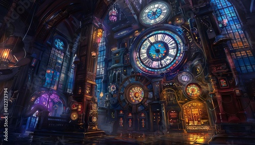 A visual of a cathedrallike clock tower where massive gears power stained glass panels showing the passage of time