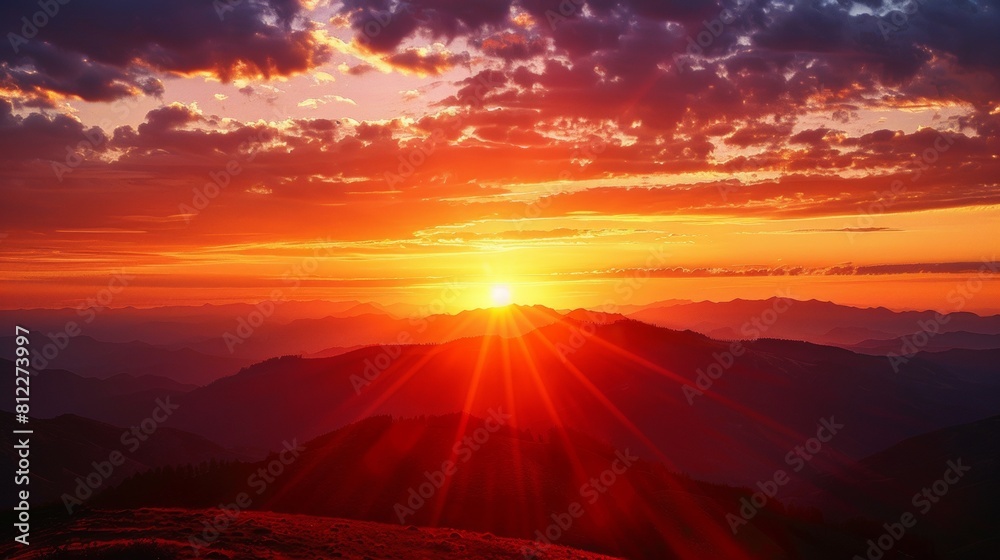 A mountain range with a bright sun setting behind it, AI A mountain range with a bright sun setting behind it, AI