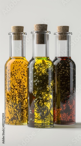 Glass bottles of oils with cork stoppers on white background. Various liquids with botanicals and seeds. photo