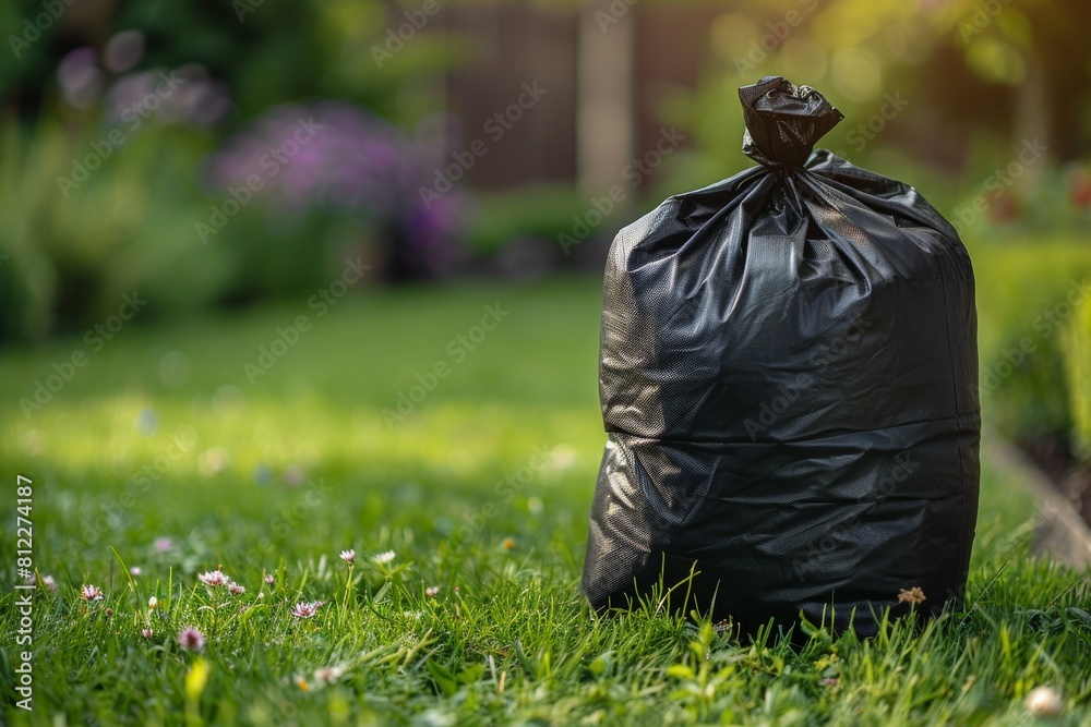A black garbage bag sits on a freshly mowed lawn, indicating cleanup activity or waste disposal in an outdoor setting A black garbage bag sits on a freshly mowed lawn, indicating cleanup activity or waste disposal in an outdoor setting