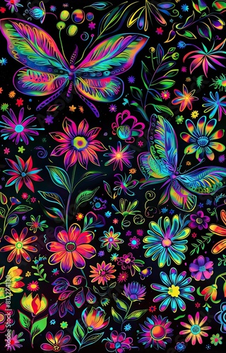 Floral pattern with butterflies fluorescent painting style or party theme decoration neon colors