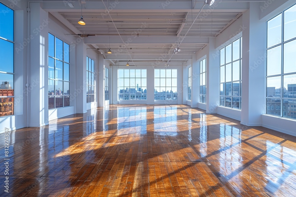 Vast open loft space with shiny hardwood floors and panoramic windows with a city view Vast open loft space with shiny hardwood floors and panoramic windows with a city view