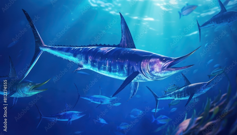 Obraz premium Giant Marlin fish in the ocean, beautiful view of marlin fish in the blue ocean