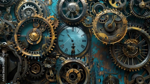 An artistic interpretation of a labyrinth of gears and clocks, with a figure trying to find the exit