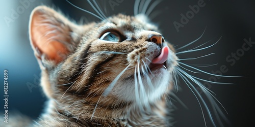 Picture of cat looking up with tongue out, concept of care and maintenance of pets, cat looking at food with tongue out