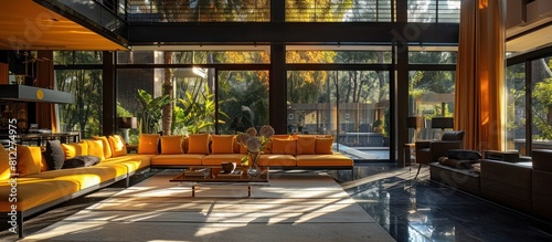 Sunlit Sanctuary A Cozy Lounge with Vibrant Yellow Accents and Sleek Black Furnishings
