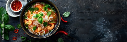 Vietnamese pho with sriracha, top view horizontal food banner with copy space
