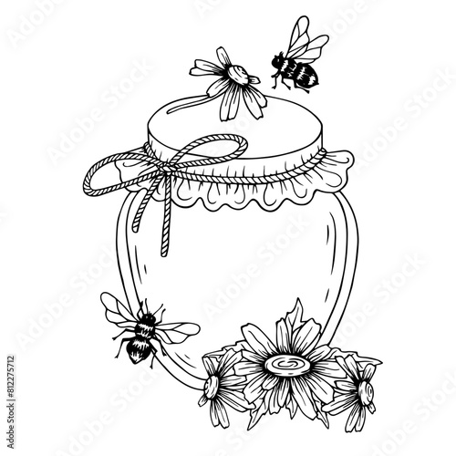 Sketch,doodle jars of honey with field chamomile flowers and honey bees.Vector graphics.