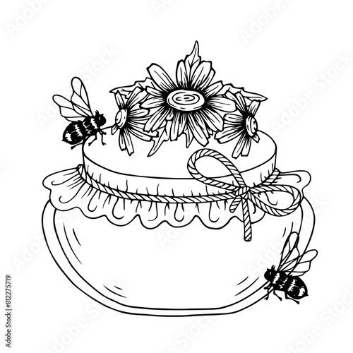 Sketch,doodle jars of honey with field chamomile flowers and honey bees.Vector graphics.
