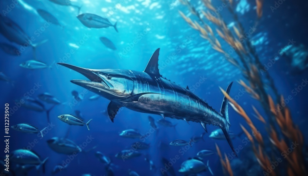 Giant Marlin fish in the ocean, beautiful view of marlin fish in the blue ocean Giant Marlin fish in the ocean, beautiful view of marlin fish in the blue ocean