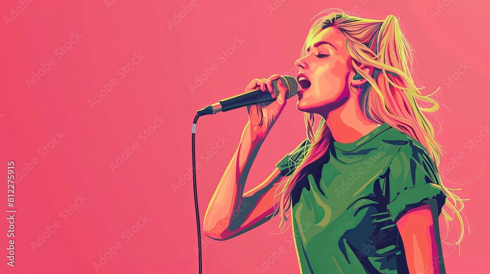 Blonde girl singing with microphone on pink background for music performance concept Blonde girl singing with microphone on pink background for music performance concept