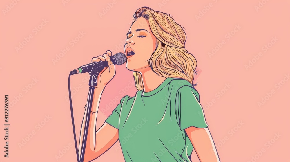 Blonde woman singing with microphone on pink background, music performance concept Blonde woman singing with microphone on pink background, music performance concept
